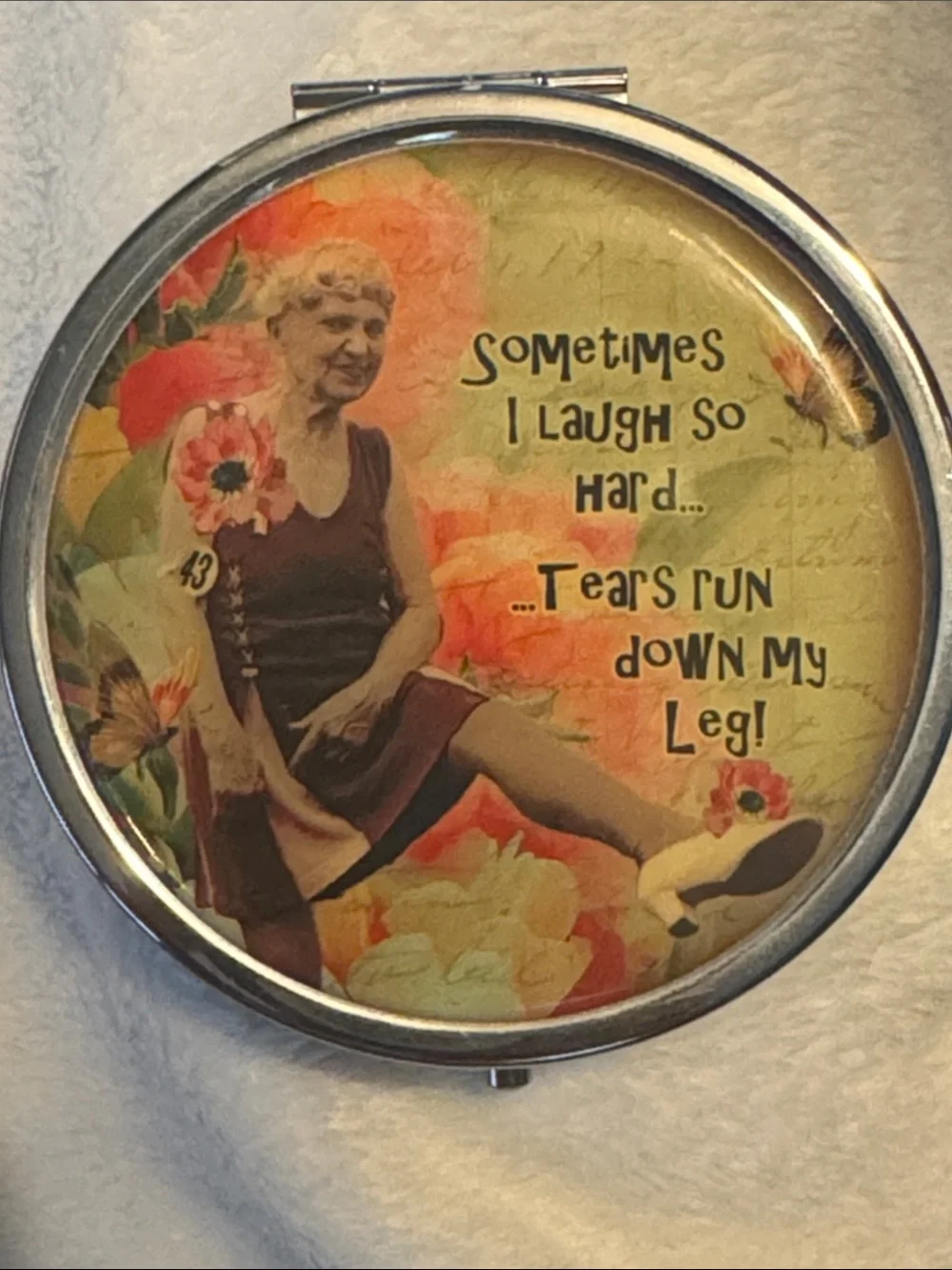 Vintage-Style Yellow & Orange Compact Mirror & Pill Organizer— Humorous Quote